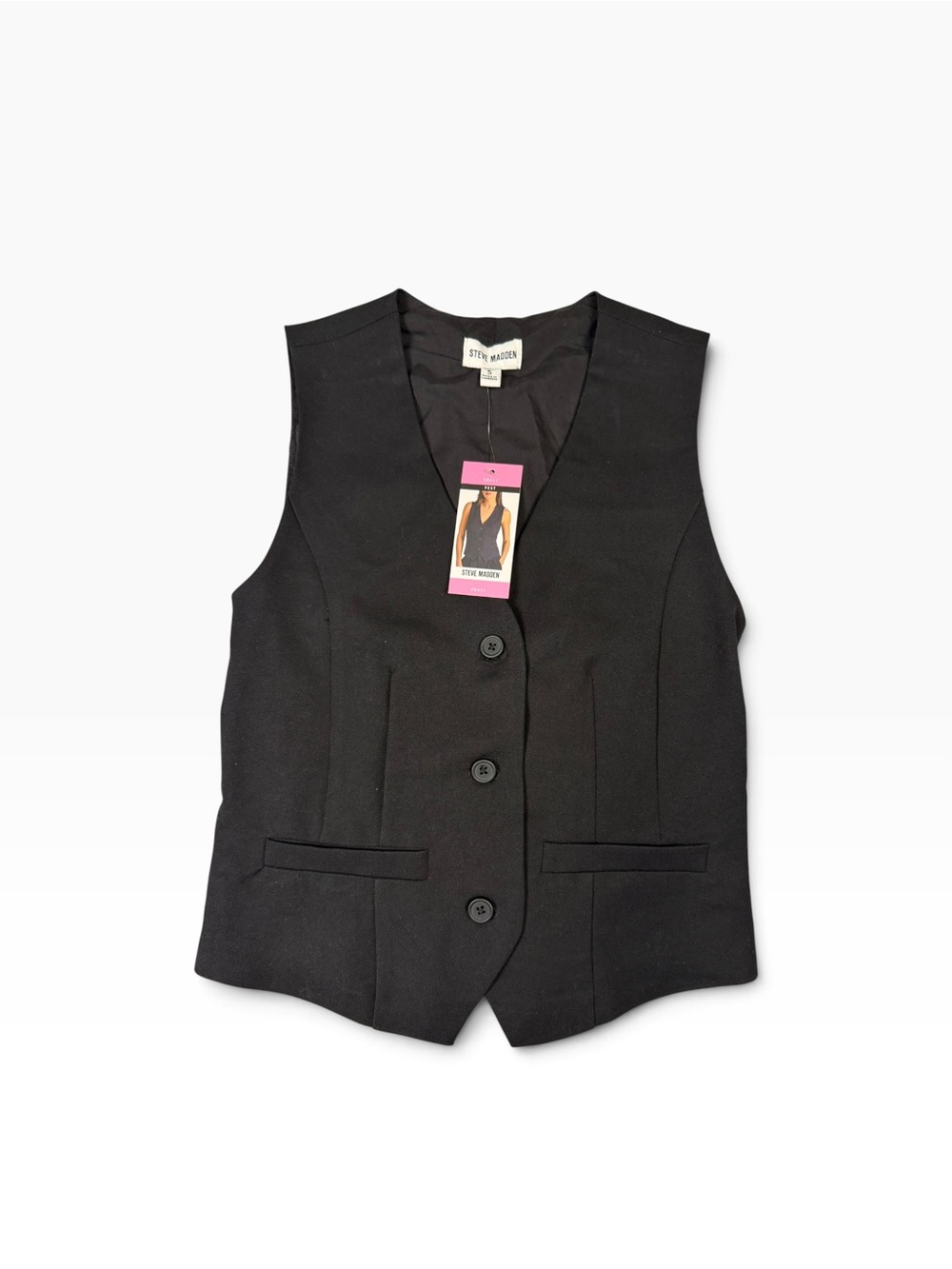 Steve Madden Black Classic Button-Up, Ruched Back Vest